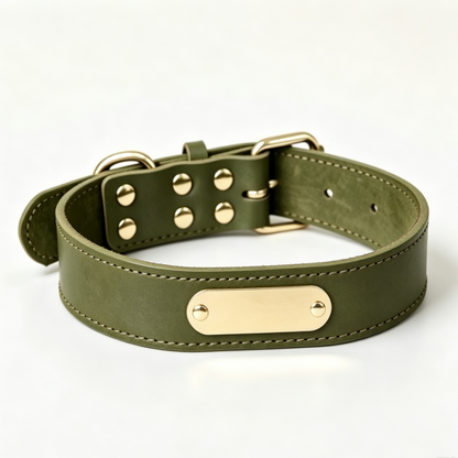 Genuine Leather Dog Collar with Personalized Name Plate
