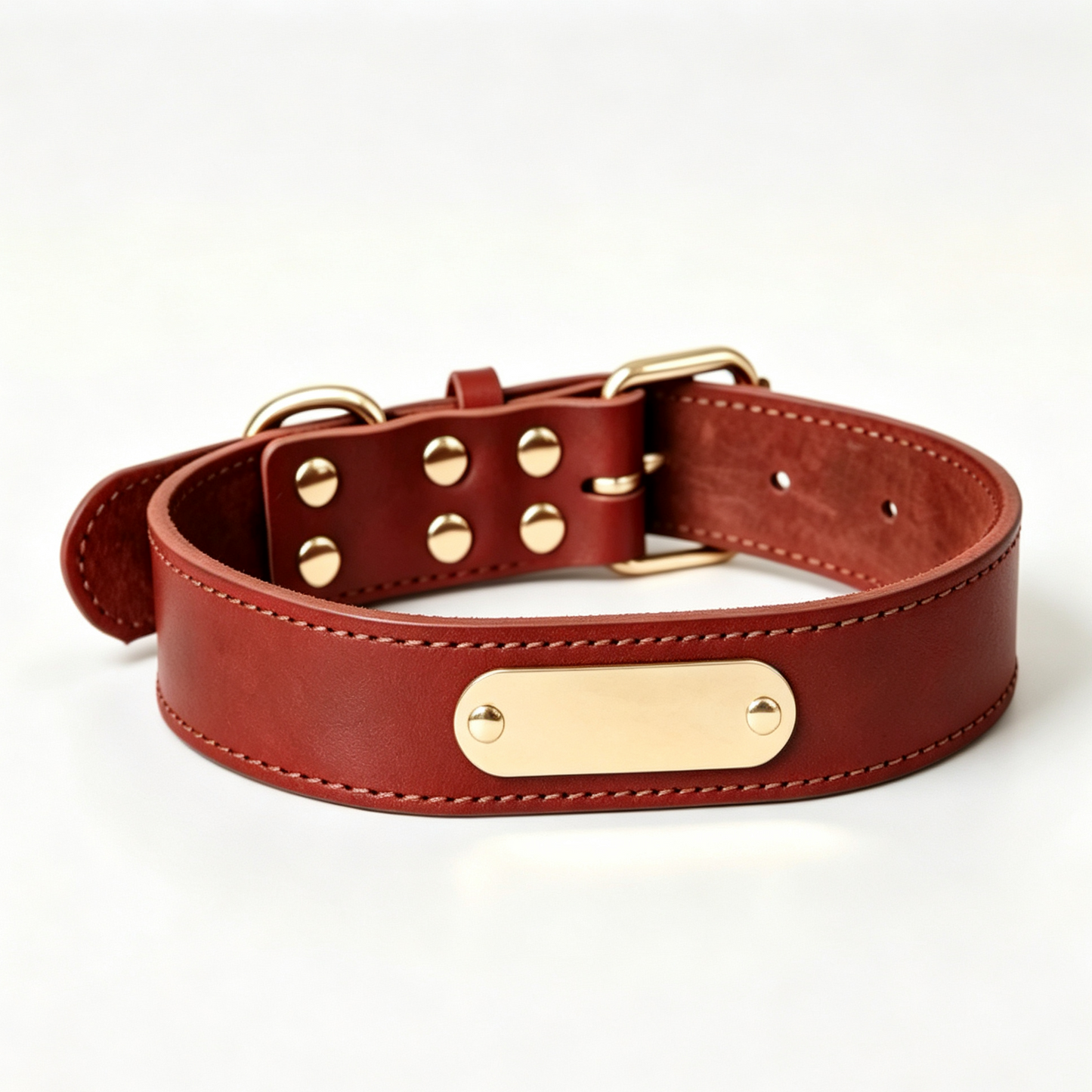 Genuine Leather Dog Collar with Personalized Name Plate