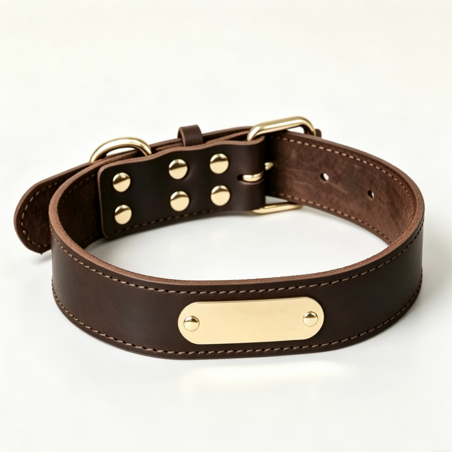 Genuine Leather Dog Collar with Personalized Name Plate